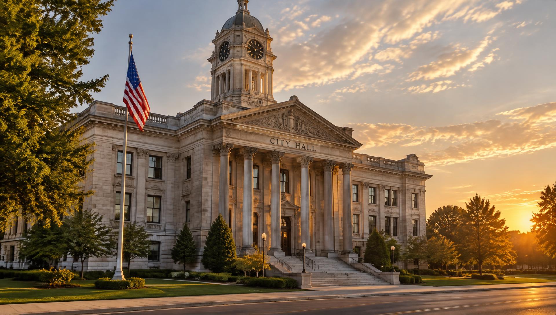 A City Hall building with an American flag at sunset; representative image, not a client